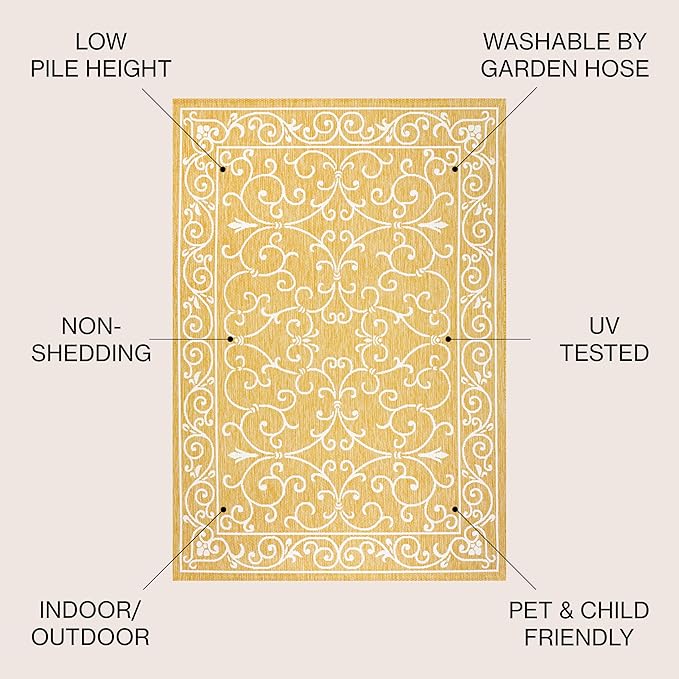 JONATHAN Y Vintage Filigree Indoor Outdoor Area Rug 5X8 Yellow/Cream, Charleston Textured Weave for Backyard, Patio, Porch, Easy-Cleaning, High Traffic, Pet-Friendly, Non-Shedding (SMB106L-5)
