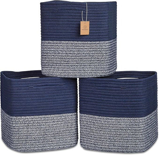 NaturalCozy 13 Inch Cube Storage Bins Cotton Rope Woven Baskets for Organizing 3-Pack | 13 x 13 Storage Cubes | Fabric Square Storage Baskets for Shelves Organizer, Kids Toy Bins, Closet Baby Nursery