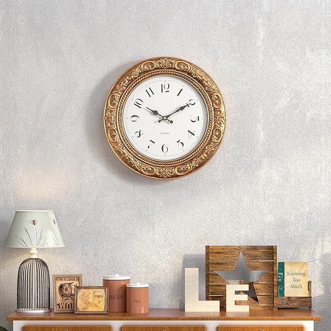 Menterry European Vintage Decorative Wall Clock, 12" Antique Gold Style, Battery Operated Wall Clocks for Kitchen, Bedroom, Farmhouse, Bathroom, Offices