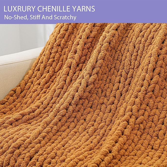 Bigacogo Chunky Knit Throw Blanket for Couch, 51x63 inches, 100% Hand Knitted with Thick Jumbo Chenille Yarn, Cozy Soft Large Rope Knot Cable Crochet Blankets for Sofa Bed Living Room, Burnt Orange