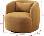 KINWELL 34" Wide Boucle Swivel Barrel Chair, No Assembly Round Upholstered Armchair Accent Chair Single Sofa Chair with Toss Pillow for Living Room and Bedroom, Brown