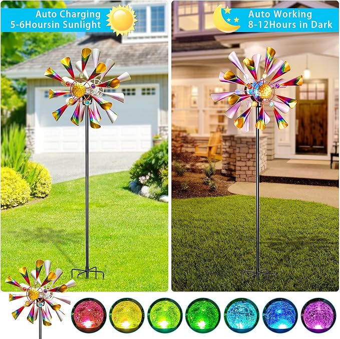 54'' Wind Spinners Outdoor Solar Garden Decor Light - Unique Metal Stake Colorful Windmill, Durable Waterproof Design for Garden, Lawn, Patio
