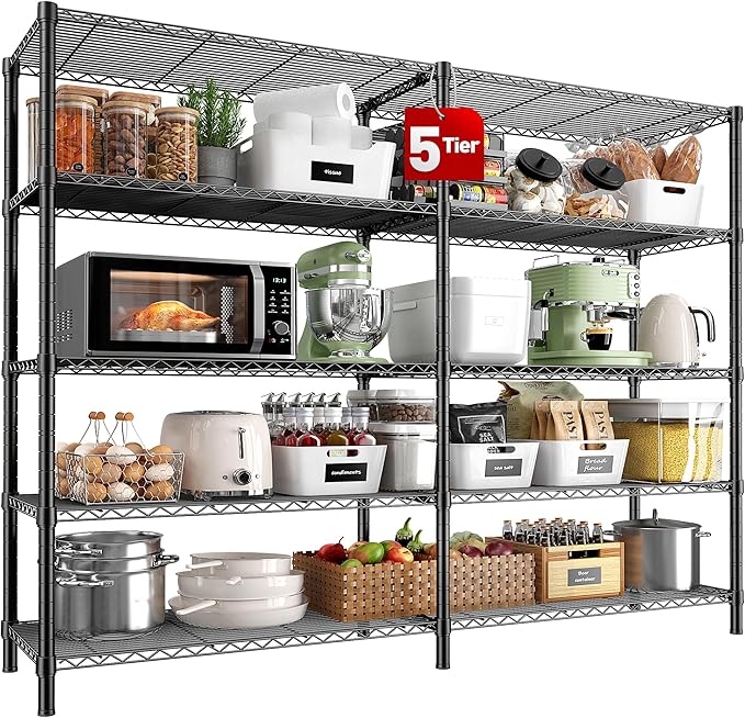 REIBII 5 Tier Wire Shelving Storage Shelves Loads 1430LBS, 58" W Metal Shelving for Storage Adjustable Shelving Unit Heavy Duty Garage Shelves Pantry Shelves Kitchen, Black