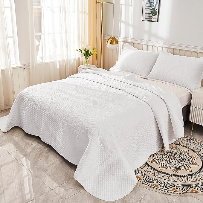 MarCielo 3-Piece 100% Cotton Oversized Bedspread Lightweight Quilt Coverlet Embroidery Farmhouse Bedding Set T0 (Bright White, Oversized King (118"x106"))