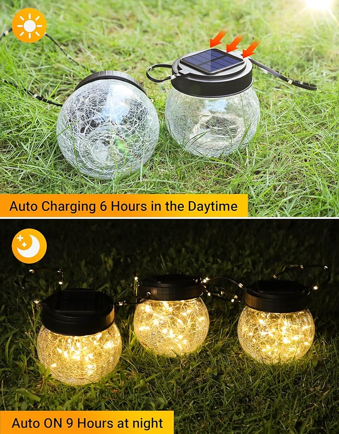 PARTPHONER Solar Lanterns Solar Lights Outdoor Waterproof 18-Pack, Solar Powered Hanging Lights Cracked Glass Hanging Globes for Christmas Decoration, Shepherd Hook, Garden Tree Ornaments