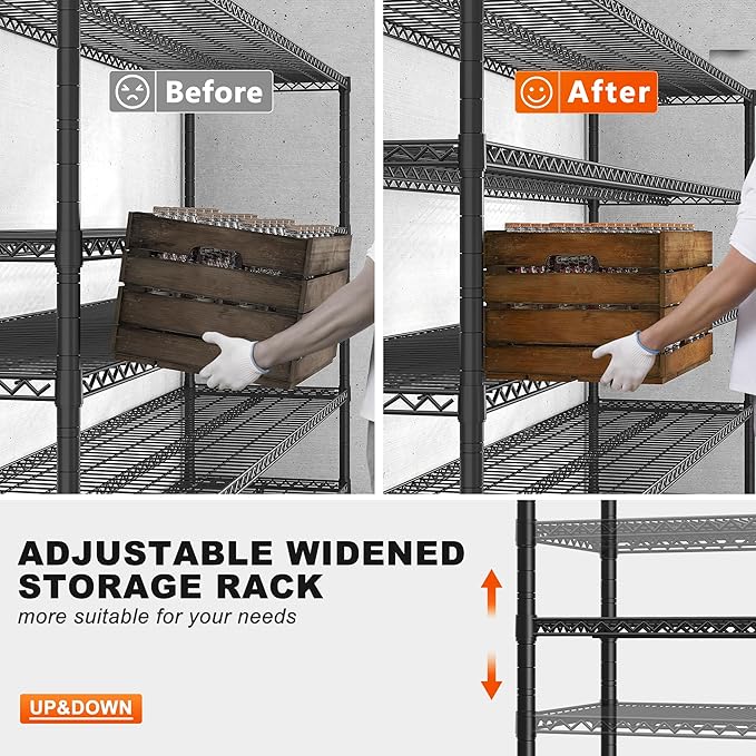 REIBII 85.7" H Storage Shelves 2998LBS Metal Shelving Unit with Wheels & Feet, 5 Tier Garage Shelving Heavy Duty Adjustable Wire Shelf for Pantry Kitchen Garage, 85.7" H X 55.5" W X 24.2" D, 2PCS