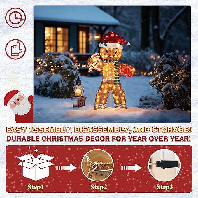 5FT Gingerbread Man with Candy Cane and Gift Box Decoration, 2.5D Pre-Lit Gingerbread Man Decor with 120 LED Lights for Christmas, Freestanding Glittered Holiday Display for Outdoor, Indoor