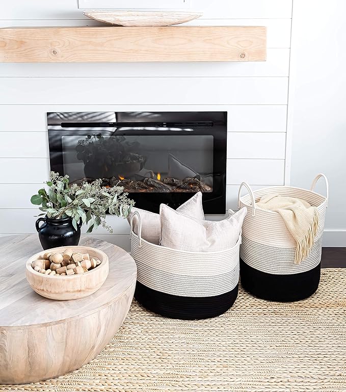 OrganiHaus Woven Laundry Basket, Large Cotton Rope Blanket Holder with Handles, Soft & Sturdy Nursery Hamper, Decorative Toy Bin for Living Room Organization 20x13 inches - Off-White/Black