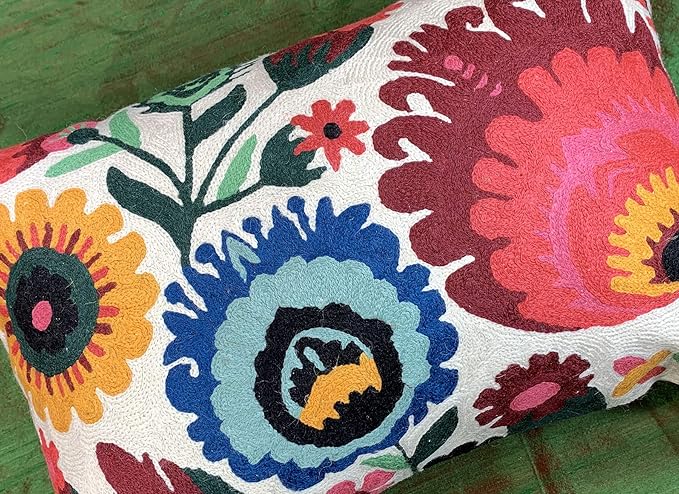 Lumbar Cream Floral Pillow Cover Polish Flower Accent Chair Pillowcase Couch Modern Farmhouse Couch Cushion Hand Embroidered Wool Size 14x20 Inch