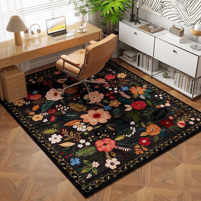 Area Rug 4x6 Rug Washable Boho Rugs Non Slip Low Pile Floral Small Carpet for Bedroom, Bedside, Kids Room, Office, Dining Room(Black)