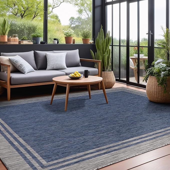 Bordered Outdoor Rug 9x12 Washable Outside Carpet for Indoor Patio Porch Waterproof Easy Cleaning Non Shedding Area Rugs Navy 9 x 12