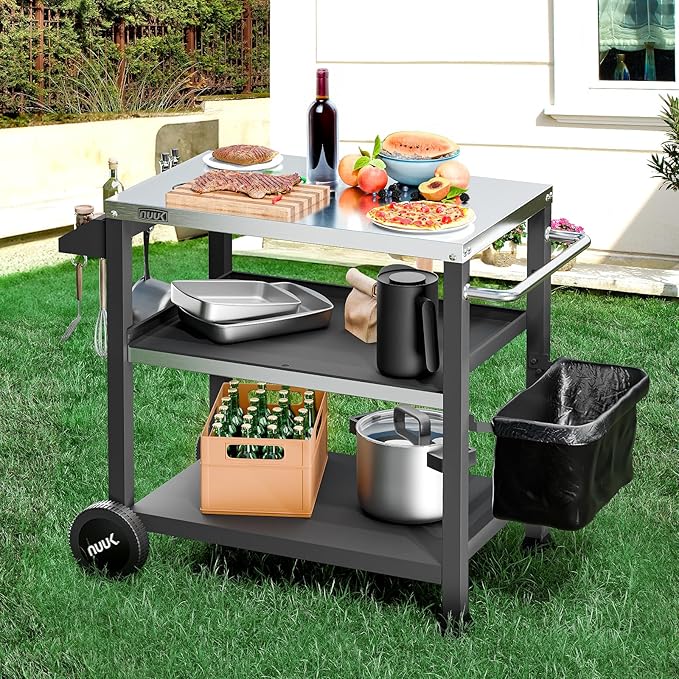 NUUK 3-Shelf Grill Cart with Stainless Steel Top – 20" x 32" Mobile Outdoor Kitchen Table for Pizza Oven, Food Prep, and Dining – Worktable with Wheels,