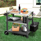 NUUK 3-Shelf Grill Cart with Stainless Steel Top – 20" x 32" Mobile Outdoor Kitchen Table for Pizza Oven, Food Prep, and Dining – Worktable with Wheels,