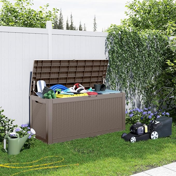100 Gallon Resin Deck Box, Lockable Patio Outdoor Storage Box for Furniture, Garden Tools and Tools Storage, Waterproof Outside Storage Boxes - Grey