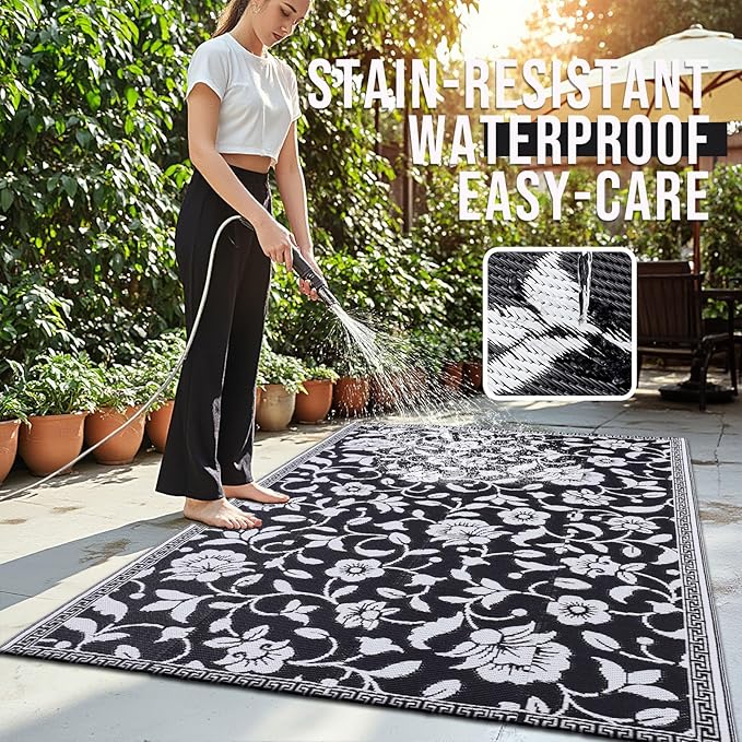 OLANLY Waterproof Outdoor Rug 5x8 ft, Outdoor Plastic Straw Rug with Flower Pattern, Reversible RV Mat for Patio, Camping, Balcony, Deck, Backyard, Black & White