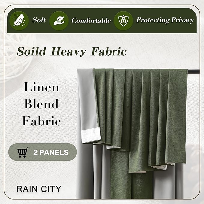 RAIN CITY Dark Olive Green Blackout Curtains Linen 80 Inches Long 2 Panels Set, Back Tab Pleated Look Thermal Insulated Curtains & Drapes for Living Room - Loden/Olive Forest W50 x L80