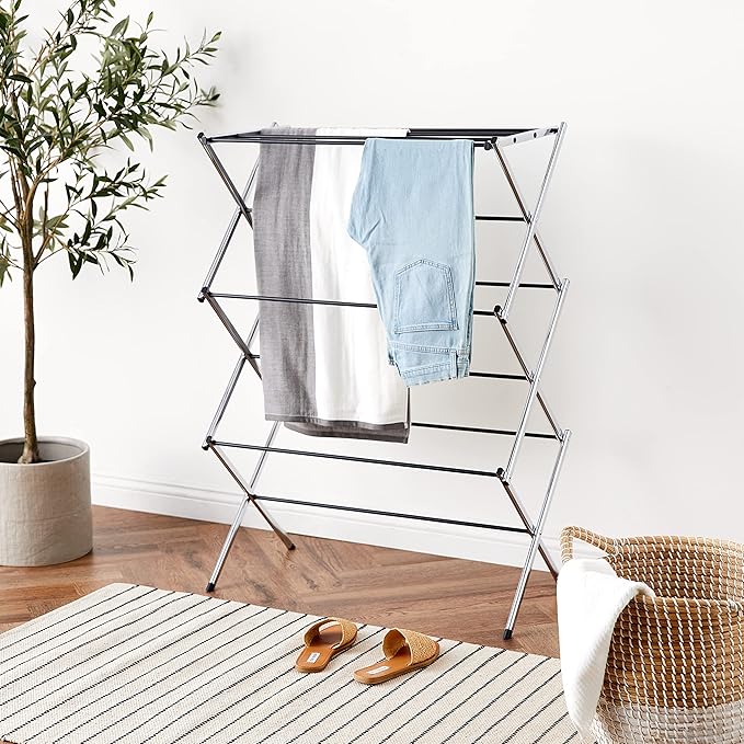Amazon Basics Foldable Portable Laundry Drying Rack for Indoor Air Drying Clothing, 14.5 x 29.5 x 41.8 inches (LxWxH), Chrome Silver