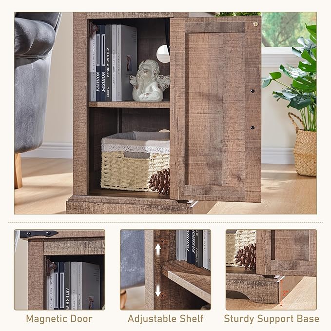 JXQTLINGMU Nightstand with Charging Station, Rectangular Farmhouse End Table with Barn Door and Adjustable Storage Shelf, 17" Deep Wood Rustic Sofa Side Table for Living Room, Bedroom, Light Brown