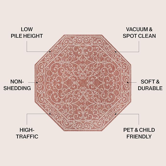 JONATHAN Y Vintage Filigree Indoor Outdoor Octagon Area Rug 8 Ft Red/Beige, Charleston Textured Weave for Backyard, Patio, Porch, Easy-Cleaning, High Traffic, Pet-Friendly, Non-Shedding SMB106B-8TGN