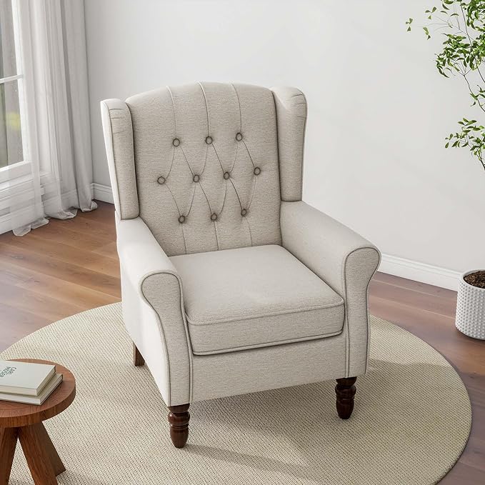 Accent Chair, Upholstered Armchair with Button Tufted High Back & Solid Wood Legs, Comfy Wingback Reading Single Sofa Chair for Small Spaces, Living Room, Bedroom (Beige, Set of 1)