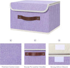 ANMINY 2PCS Storage Bins with Lid PU Leather Handles Storage Boxes PP Plastic Board Decorative Foldable Lidded Cotton Linen Fabric Home Cubes Baskets Closet Organizer Containers - Purple, Small Size