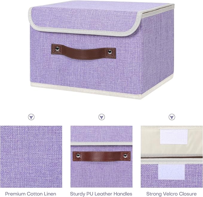 ANMINY 2PCS Storage Bins with Lid PU Leather Handles Storage Boxes PP Plastic Board Decorative Foldable Lidded Cotton Linen Fabric Home Cubes Baskets Closet Organizer Containers - Purple, Small Size
