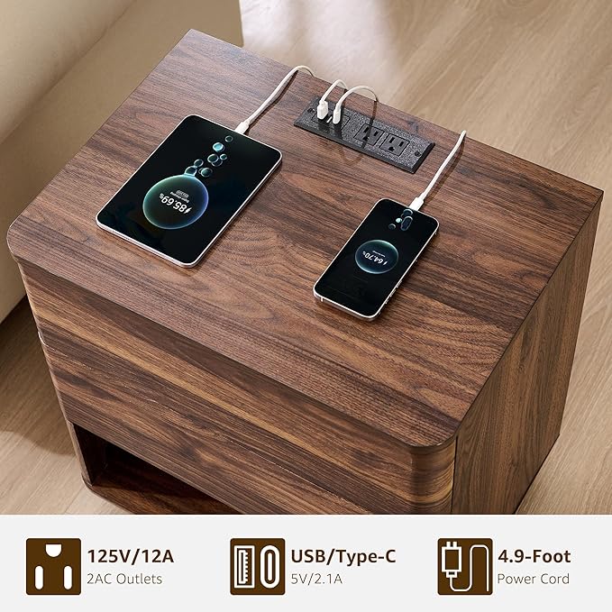 Nightstand Set of 2 with Charging Station, 22" Large Modern Bedside Table with 2 Drawers Storage,Push-to-Open End Table for Bedroom,Living Room,Brown