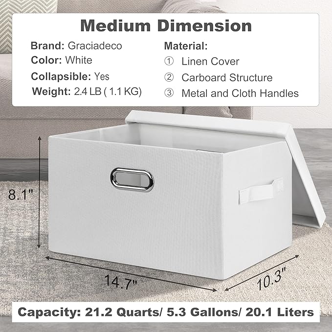 Medium 15" 21 Quart Collapsible Stackable Storage Bins with Lids, 3 Packs White Foldable Fabric Closet Boxes Heavy-duty Linen Cube Baskets Container for Bedroom Office (15 x 11 x 8)