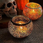 SHMILMH Mosaic Glass Candle Holder Set of 4, Votive Candle Holders Handmade Cracked Tealight Holders for Fall Christmas Diwali Home Decorations, Diwali Gift