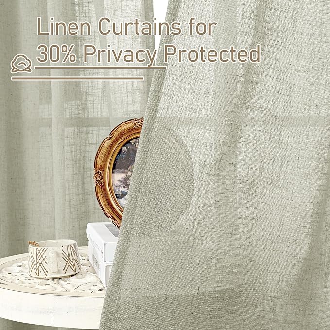 LAMIT 95 Inches Long Sheer Linen Curtains for Living Room 2 Panels, Light Filtering Country Rustic Drapes Farmhouse Window Treatment with Bronze Grommet for Bedroom, Sage Grey, 52 x 95 Inch
