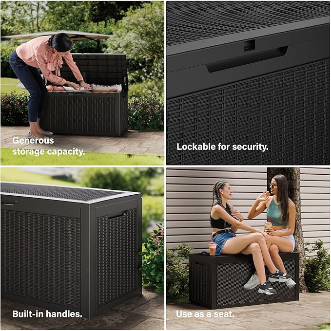 100 Gallon Double-Wall Resin Deck Box - Lockable Waterproof Outdoor Storage Box, 1000lbs Capacity & Doubles as Seating for Patio Furniture - Garden Tools, Pool Accessories (Black)