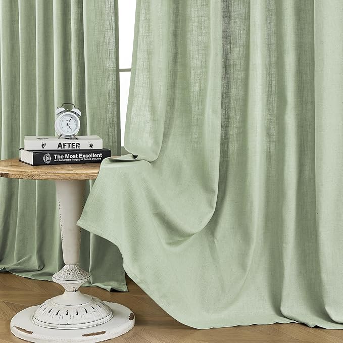 Joydeco Sage Green Curtains - 72 Inch Long, 2 Panel Set, Semi Sheer Linen Farmhouse Curtains for Living Room & Bedroom Windows