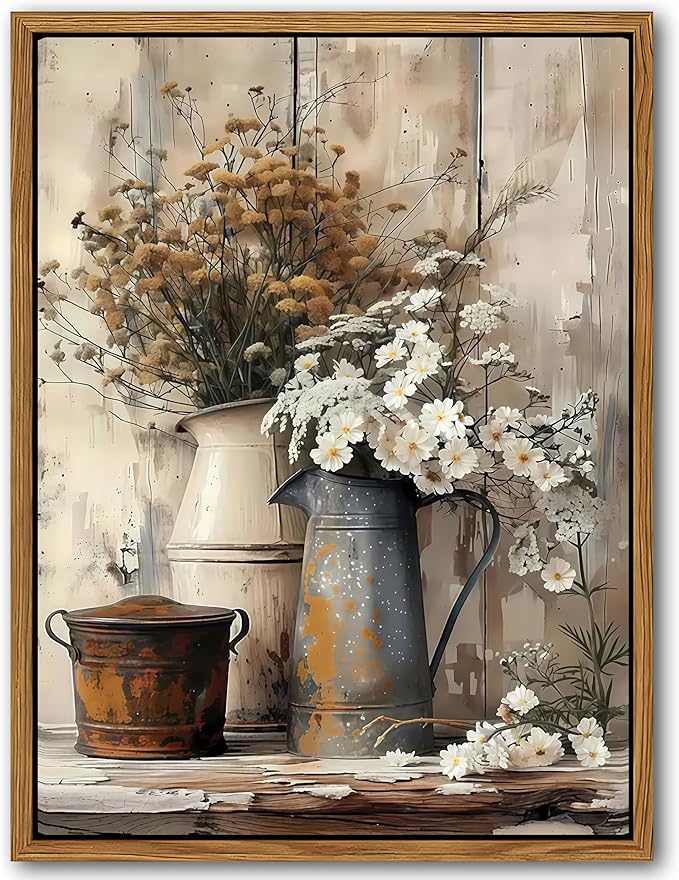 Floating Framed Farmhouse Vintage Canvas Wall Art, Country Floral Daisy Pictures Wall Decor, Wood Grain Art Paintings Poster for Living Room Bedroom Bathroom Rustic Decor 12x16 inch