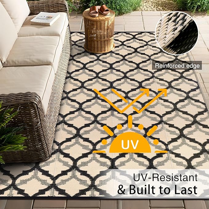 OLANLY Reversible Outdoor Rug 9x12 ft Clearance, Waterproof Outdoor Plastic Straw Rug with Interlacing Pattern, RV Mat for Patio, Camping, Balcony, Deck, Backyard, Black & Beige