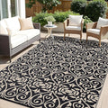 OLANLY Outdoor Rug Waterproof 6x9 ft Clearance, Reversible Outdoor Plastic Straw Rug with Floral Pattern, RV Mat for Patio, Camping, Balcony, Deck, Backyard, Black & Beige