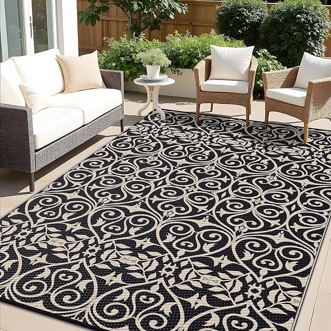 OLANLY Outdoor Rug Waterproof 9x12 ft Clearance, Reversible Outdoor Plastic Straw Rug with Floral Pattern, RV Mat for Patio, Camping, Balcony, Deck, Backyard, Black & Beige