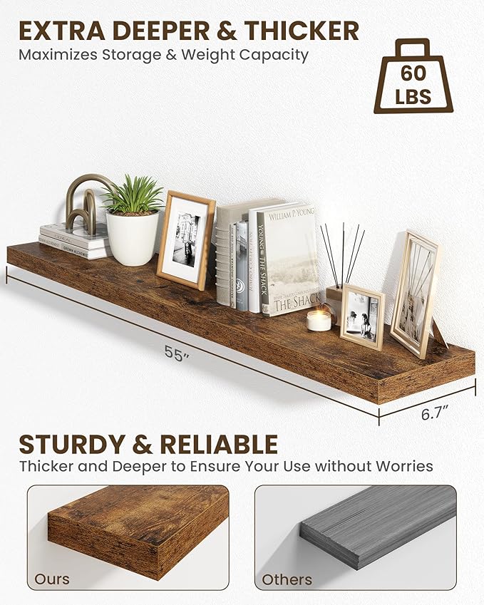 Marsmiles 55" Floating Shelves for Wall, Wooden Shelves with Invisible Brackets Set of 2, Rustic Farmhouse Wall Mounted Shelf for Kitchen Bathroom Living Room Study, Rustic Brown