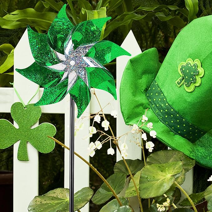 Hausse 10 Pack Reflective Pinwheels Holiday Decor, Extra Sparkly Wind Sculptures for St. Patrick's Day Decorations Party Supplies, Deterrent to Scare Birds Away from Garden Yard Patio Farm, Green