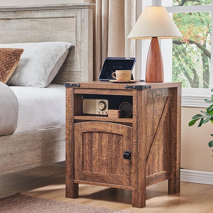 OKD Farmhouse Nightstand with Charging Station, 18" Rustic End Table with Adjustable Storage Shelf, Wood Rustic Wood Sofa Side Table for Bedroom