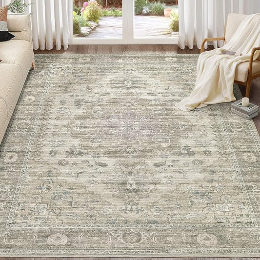 Washable Area Rugs for Living Room -10x12 Neutral Vintage Distressed Floral Farmhouse Boho Large Soft Floor Rug Indoor Non Slip Carpet for Living Room Bedroom Dining Room Office -Brown/Tan