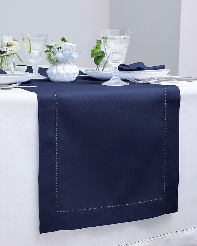 Solino Home Linen Navy Table Runner 48 Inches - Classic Hemstitch, 100% Pure Linen Coffee Table Runner 14 x 48 Inch Ideal for Dresser Tables - Fall, Autumn, Halloween, Thanksgiving