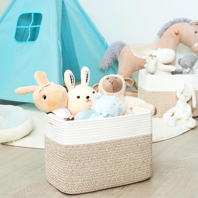 MINTWOOD Design 3-Pack Storage Baskets for Shelves, Playroom and Classroom Basket, Book Decorative Cube Bins, Woven Closet Organizers, Baby Nursery Baskets, Light Brown