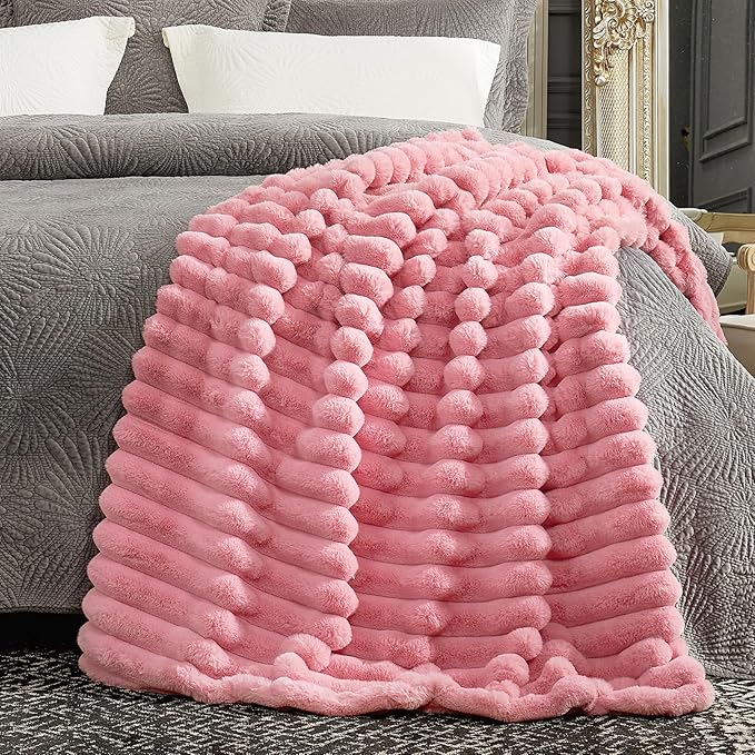 Cozy Bliss Faux Fur Throw Blanket for Couch, Cozy Warm Plush Striped Blanket for Sofa Bedroom Living Room,60 * 80 Inches Hot Pink