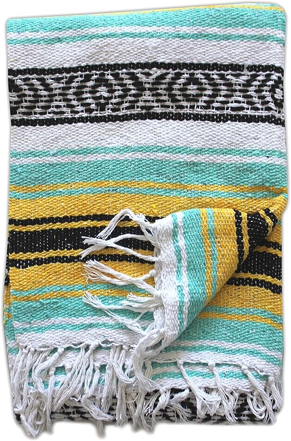 Del Mex Classic Mexican Blanket, Large Authentic Woven Falsa Throw (70"x50"), Artisan Southwest Décor for Beach, Yoga, Outdoors (Mint/Yellow)