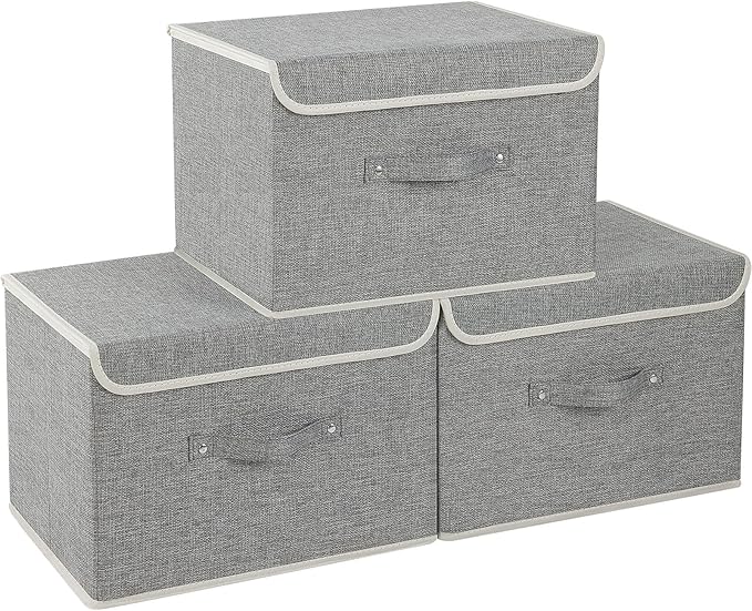 Fabric Storage Bins Cube Organizers with Flip-Top Lid and Handles,Storage Boxes for Organizing Home,Office,and Closet,Grey,3 Pack 15 x 9.8 x 9.8 in