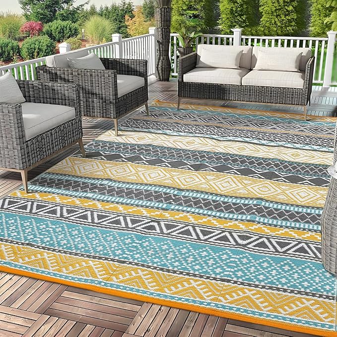 GAOMON Reversible Outdoor Rug 9'x18' Waterproof Plastic Straw Rug, Patio Rug, Large Modern Area Rug Carpet, Indoor Outdoor Rugs for Camping, Porch, Deck, Balcony, Backyard, Teal/Yellow(Bohemia)