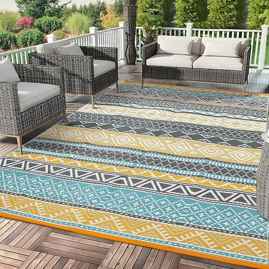 GAOMON Outdoor Plastic Straw Rug, 10'x20' Reversible Sage Green Patio Mat, Flower Modern Design for RV, Backyard, Deck, Camping, Picnic, Teal/Yellow(Bohemia)