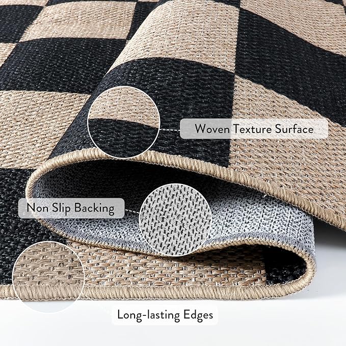 Lahome Checkered Easy Jute Runner Rug, 2x6 Kitchen Runner Rug Non Slip Washable Outdoor Carpet for Entryway Indoor, Checkerboard Black Indoor Outdoor Carpet Runners for Hallway 6ft Entry