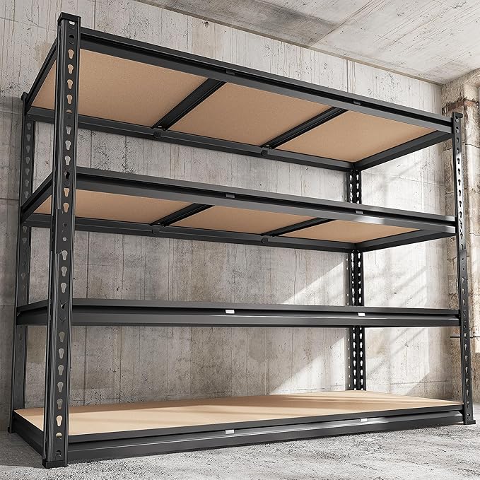 REIBII 48.2" W Garage Shelving, Storage Shelves Load 2600LBS, 4-Tier Adjustable Heavy Duty Metal Shelves for Warehouse, Pantry, Kitchen, 60.1" H X 48.2" W X 24" D, Black