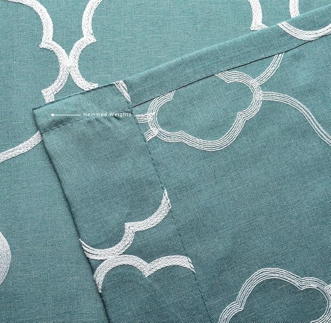 MIUCO Moroccan Embroidery Semi Sheers Curtain Faux Linen Grommet Window Curtains for Bedroom 52 x 95 Inch 2 Panels, Teal